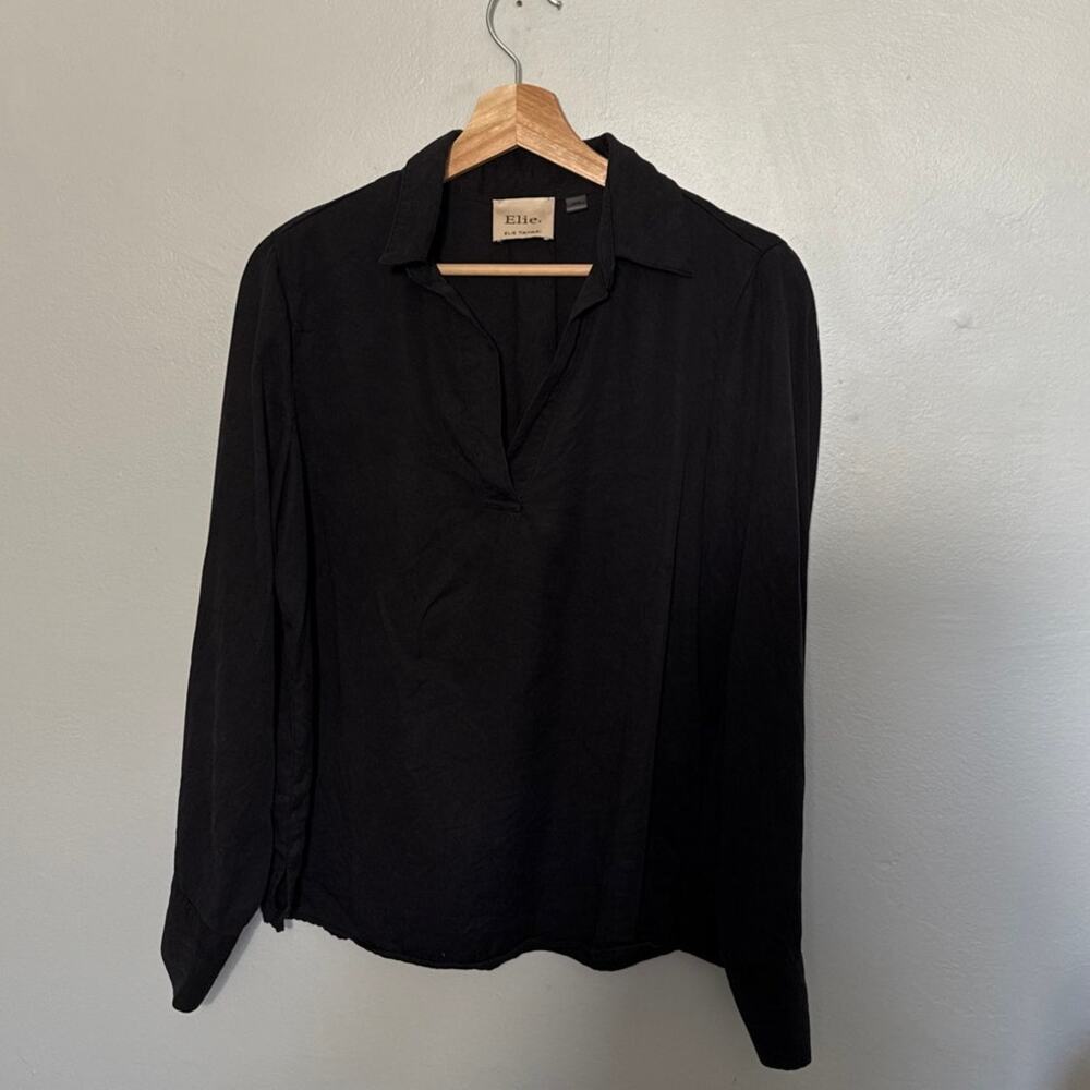 Women's Size M Elie Tahari Black V Neck Collared Long Sleeve Tencel Blouse Top